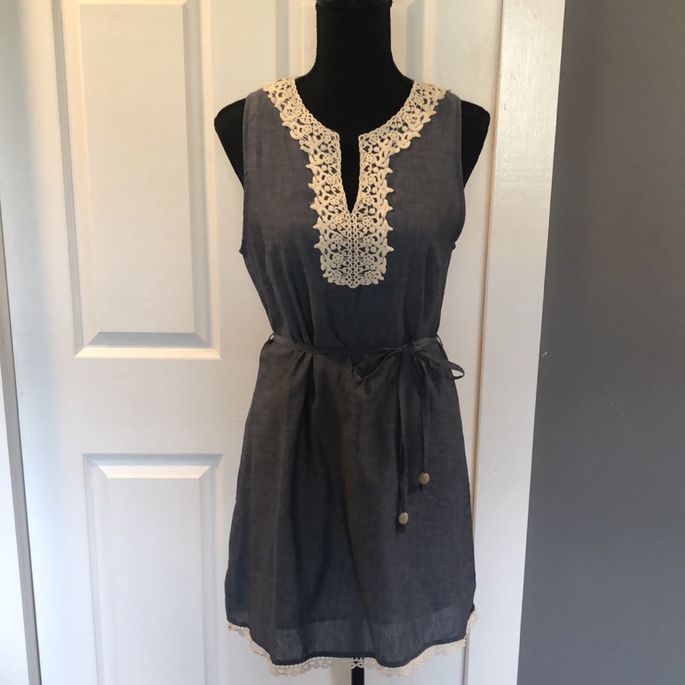 Mud Pie Denim-like Sleeveless Dress w/lace detail Small